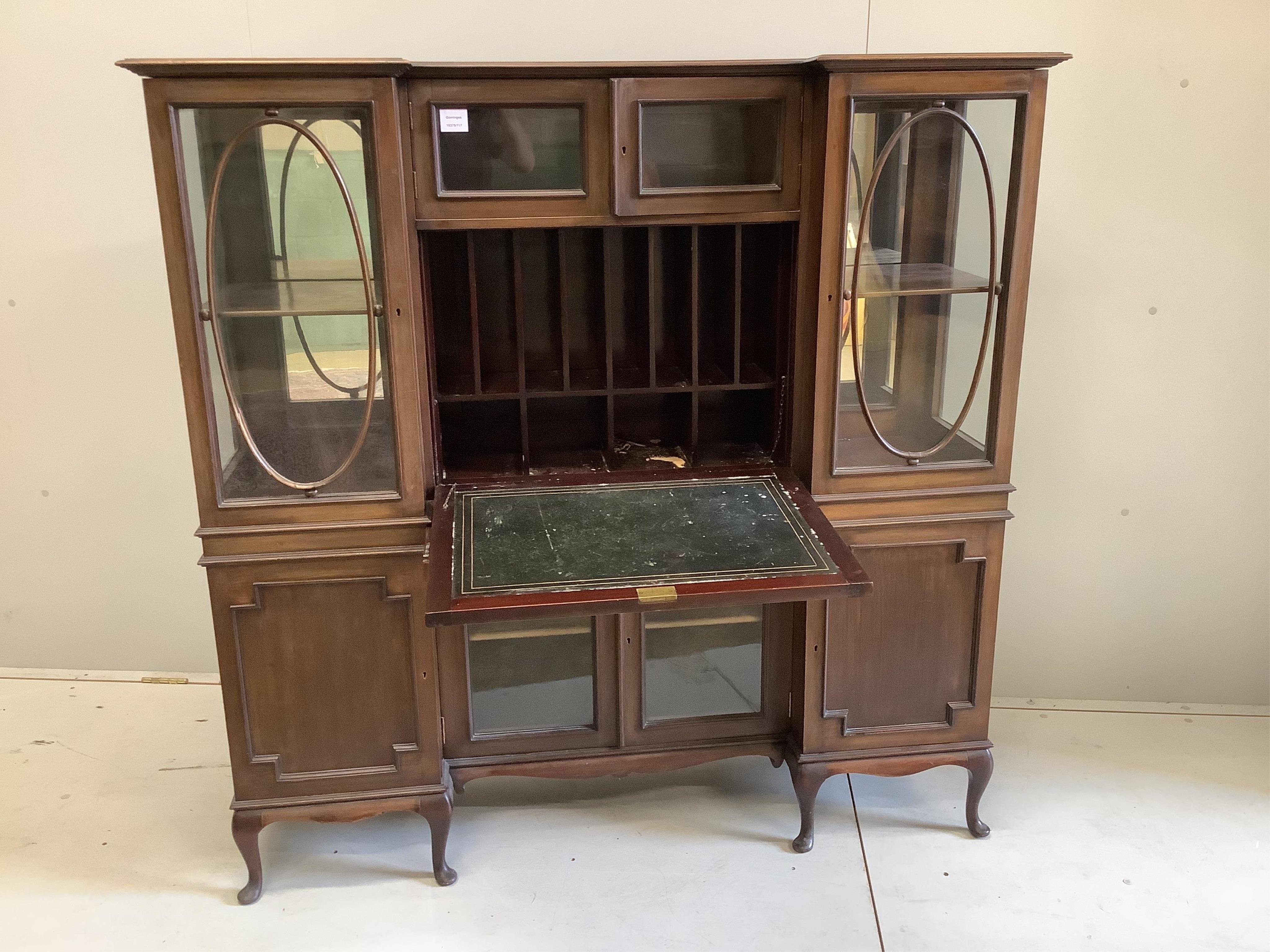 An Edwardian mahogany bureau bookcase, width 137cm, depth 36cm, height 137cm. Condition - poor